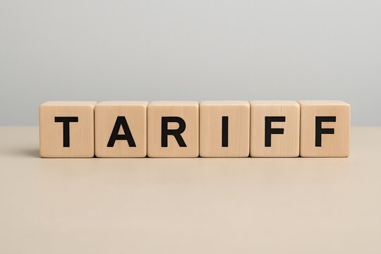 Tariff word formed with wooden letter blocks representing business import duty, trade regulation, economic policy, and financial decision-making in global commerce.