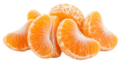 A close up view of peeled mandarin orange segments and a whole peeled mandarin on black background