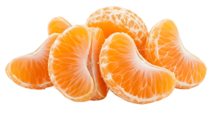 A close up view of peeled mandarin orange segments and a whole peeled mandarin on black background