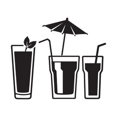 Summer Cocktail Drink Icons Iced Beverage, Mint, Umbrella, and Straw Set.