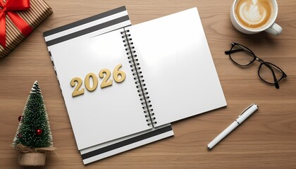 New Year 2026 Planning Notebook Festive Gift Coffee and Glasses on Wooden Desk
