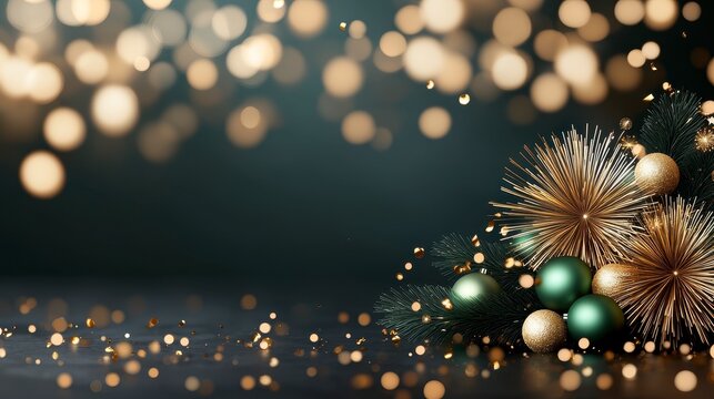 A festive arrangement featuring green ornaments, sparkling lights, and decorative elements, creating a joyful holiday atmosphere.