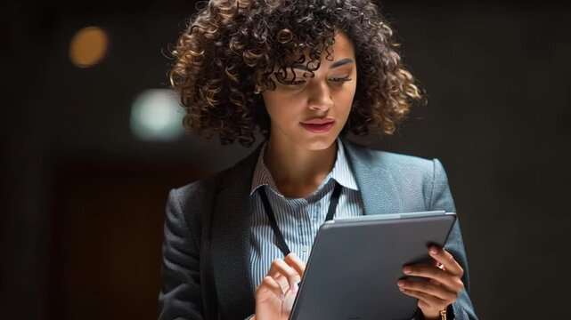 Young professional woman suit using tablet for workplace adaptation business conference setting focused expression workplace technology business