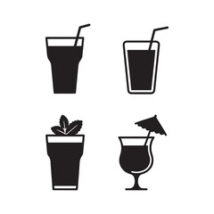 Summer Cocktail Drink Icons Iced Beverage, Mint, Umbrella, and Straw Set.