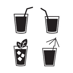 Summer Cocktail Drink Icons Iced Beverage, Mint, Umbrella, and Straw Set.