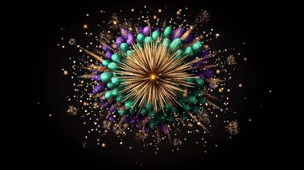A vibrant explosion of colors resembling fireworks, with green, purple, and gold elements radiating against a dark background.
