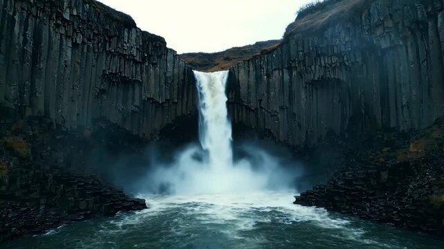 Experience the majestic power of Iceland's basalt column waterfall, a stunning natural wonder, perfect for travel and adventure content with a dramatic flair