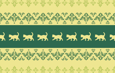 Vector seamless pattern with cat silhouettes and tribal geometric motifs. Monochrome design. Use this pattern for creating pet themed designs, textile prints, packaging, and more. Perfect for cat love