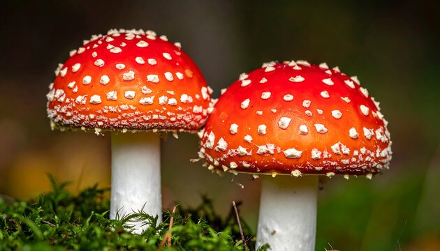 Two red toadstools with white spots stand out against the mossy, blurred forest floor - Powered by Adobe