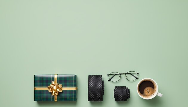 Father s Day Gift Idea Elegant Present Ties Glasses and Coffee Flat Lay on Pastel Background
