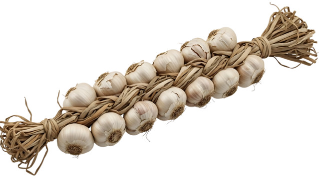 A braid of garlic bulbs tied together with raffia string against a black background in a studio shot