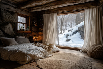 Cozy rustic cabin bedroom with snowy forest view - winter retreat and mindful slow living atmosphere