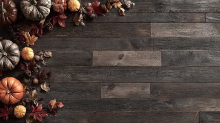 Assortment of gourds and colorful foliage decorates a dark rustic wooden surface