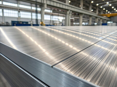 Abstract close-up of a brushed stainless steel industrial panel. The surface displays fine, parallel lines from the brushing process, reflecting soft 