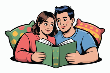 A couple, heads close, share a book in front of pillows, enjoying leisure. Simple, stylized, cartoon-like design