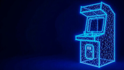 A striking 3D render of a vintage arcade cabinet reimagined with glowing blue wireframe lines, symbolizing classic gaming, digital innovation, and future tech.
