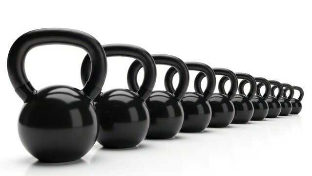 Row of black kettlebell weight for fitness training isolated on white background