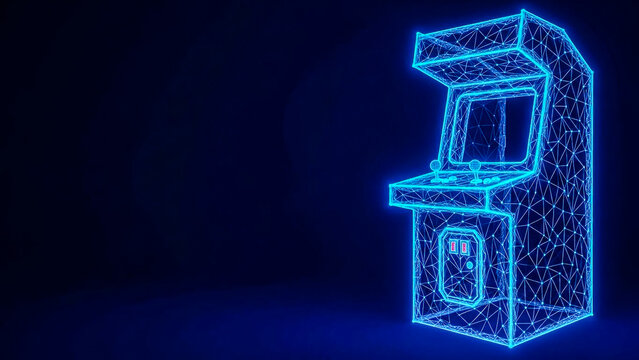 A striking 3D render of a vintage arcade cabinet reimagined with glowing blue wireframe lines, symbolizing classic gaming, digital innovation, and future tech.