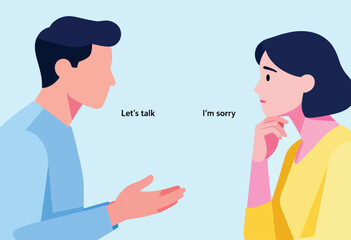 Fototapeta premium Stylized illustration depicts two figures, one offering an open hand and the other looking contemplative. Text says 