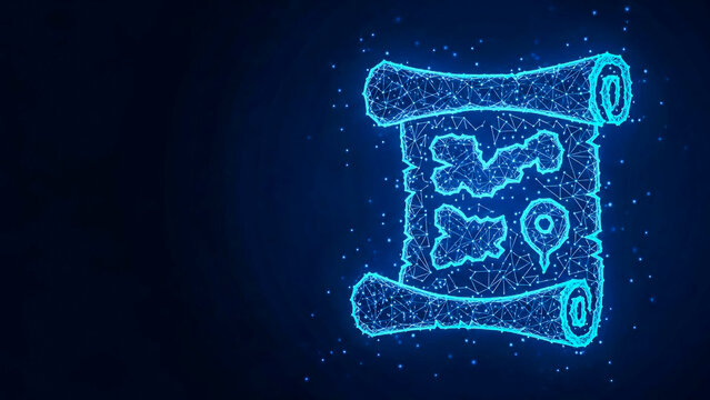 A futuristic digital map scroll, crafted with interconnected glowing blue lines and dots, symbolizes exploration, hidden locations, and technological advancements.