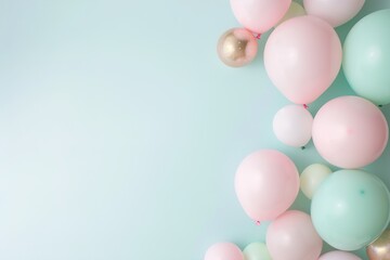 A collection of mint and blush balloons gathers at the left border against a light blue backdrop, enhancing the cheerful vibe suitable for parties or gatherings