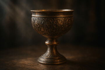 ornate bronze chalice with detailed floral engravings on a dark background