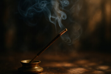 Incense stick burning with smoke rising from a brass holder