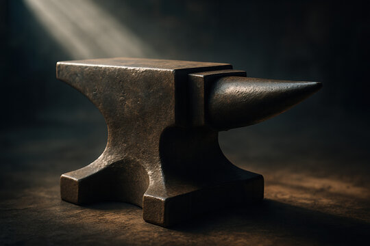 Close-up of a rustic anvil in a dimly lit workshop setting
