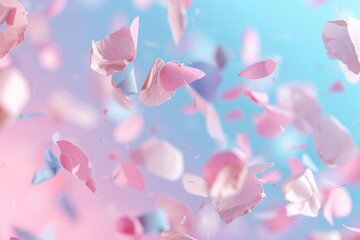Confetti particles in soft pastel colors drift gently through the air, creating a festive atmosphere. This scene captures the spirit of celebration and lighthearted joy
