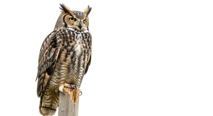 Isolated Great Horned Owl perches on post, striking bird of prey with striking yellow eyes