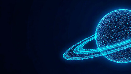 Abstract 3D render of a futuristic planet with interconnected glowing nodes and rings, symbolizing global data networks, innovation, and digital transformation.