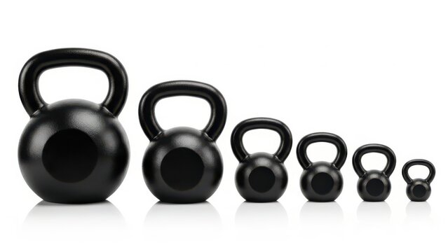 Set of black cast iron kettlebell weights in descending size - Powered by Adobe