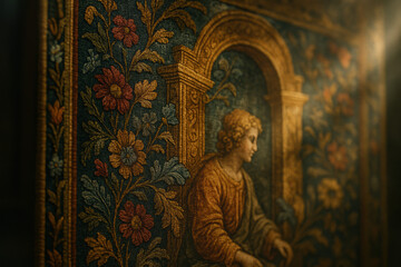 Intricate tapestry with floral design and a classical figure in a golden frame