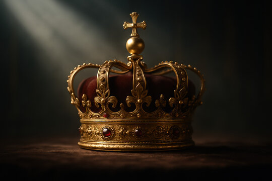ornate golden crown with red velvet, a symbol of royalty and power - Powered by Adobe