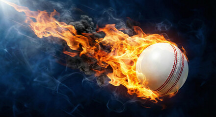 Fiery Cricket Ball in Action: The essence of a cricket match is captured in this image, with a cricket ball enveloped in flames, streaks of smoke trailing.