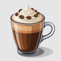A rich coffee drink topped with whipped cream and coffee beans in a glass cup. This beverage represents indulgence, comfort, and sophistication, perfect for coffee lovers.