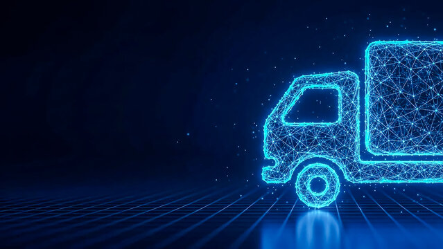 Futuristic digital rendering of a delivery truck, symbolizing smart logistics, efficient global shipping, data-driven transportation, and network connectivity advancements.
