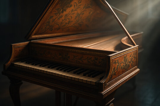 Antique harpsichord with ornate floral details, illuminated by soft light