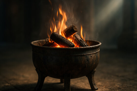 Burning fire in a rustic metal cauldron with glowing flames and smoke