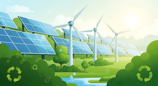 Renewable energy sources solar panels and wind turbines on green landscape