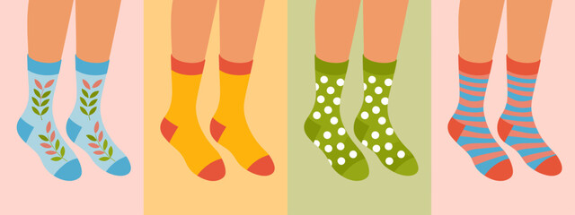A delightful display of colorful socks in various patterns, from polka dots to floral designs, capturing the essence of fun fashion and personal style.