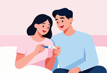 Obraz premium A couple, smiling, look at a pregnancy test together. The pink-toned background hints at a private setting