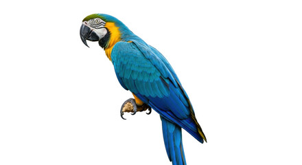 Isolated blue-and-gold macaw posing perched on its foot, bird, wildlife, exotic, avian fauna