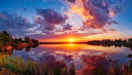 Fototapeta premium Vibrant Sunset Over Still Water With Colorful Reflections And Dramatic Cloud Patterns In A Serene Landscape