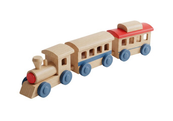 Isolated wooden toy train, locomotive and two passenger cars, bright colorful toy block set