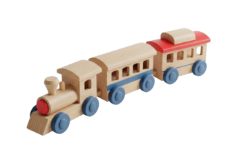 Isolated wooden toy train, locomotive and two passenger cars, bright colorful toy block set