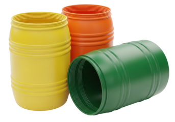 Isolated Yellow, Orange, and Green Plastic Barrels for Liquid Storage and Shipping Products