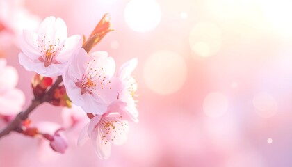 Blossoming branch of cherry flowers with bokeh light; pink, white and soft colors against a blurry background