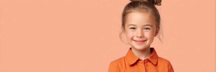 Happy young girl smiling against a plain orange background while wearing a bright orange shirt. Place for text