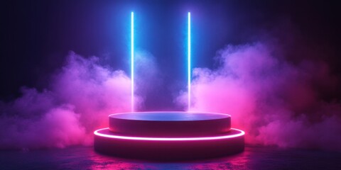 Cylinder flying podium event neon glow abstract geometric design futuristic environment aerial view artistic concept